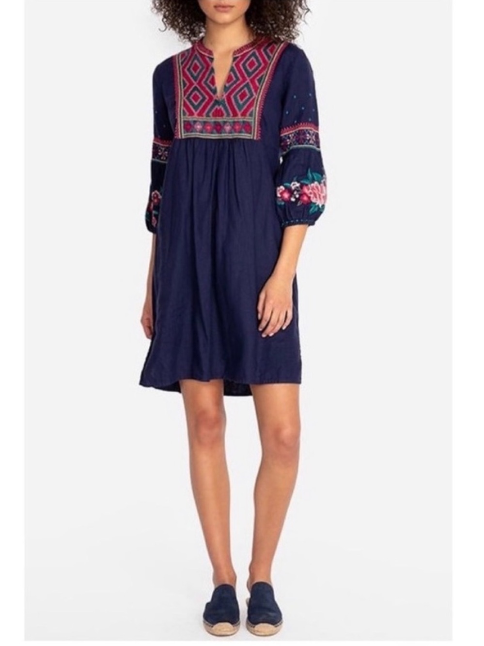 Johnny Was Annaliese Navy Linen Embroidered Peasant Dress Tunic Plus Size 2X
